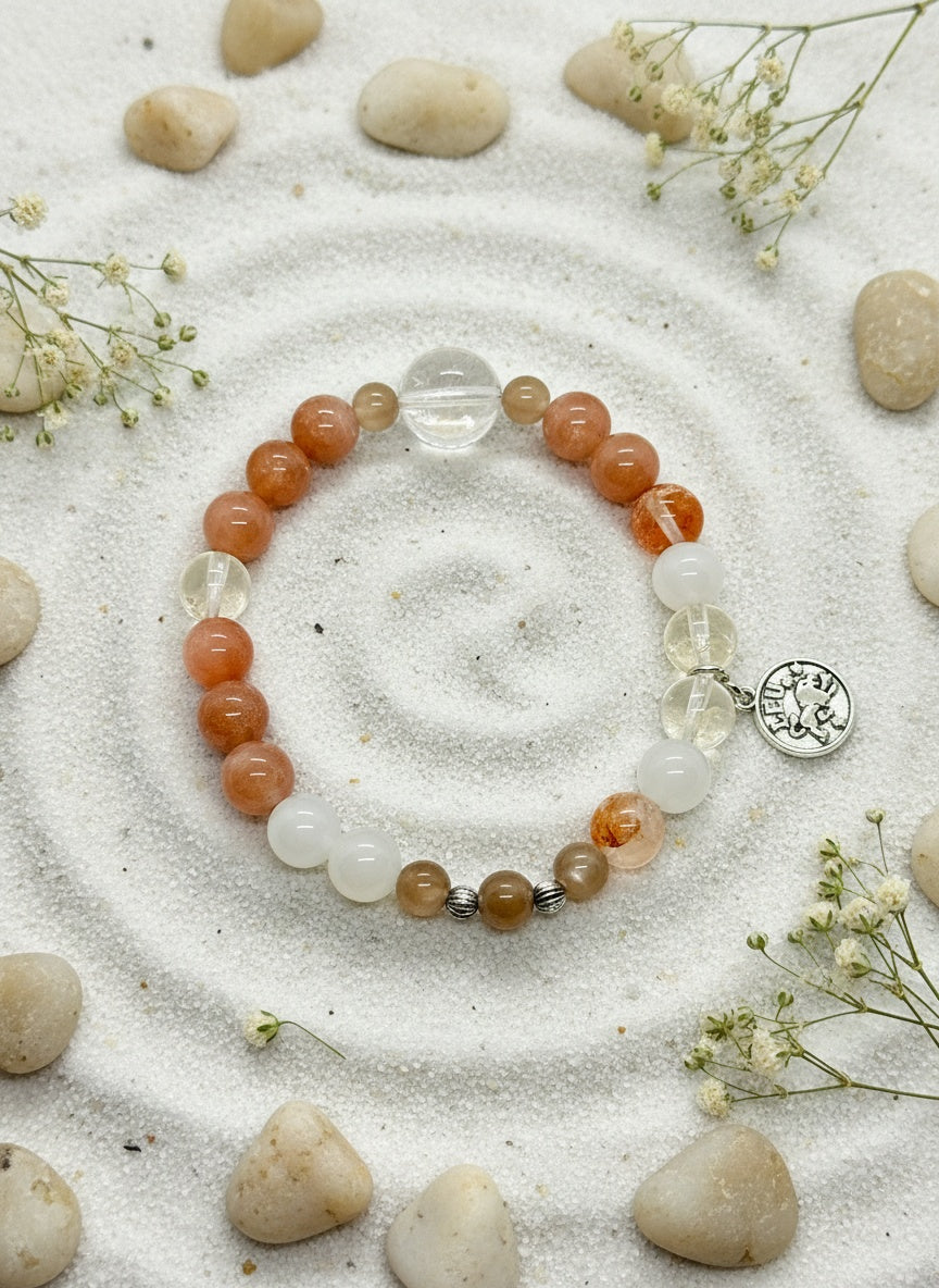 LEO Orange ,White ,Mocha Moonstone Citrine Red Hematoid Bracelet (13.5mm, 6mm-8mm)