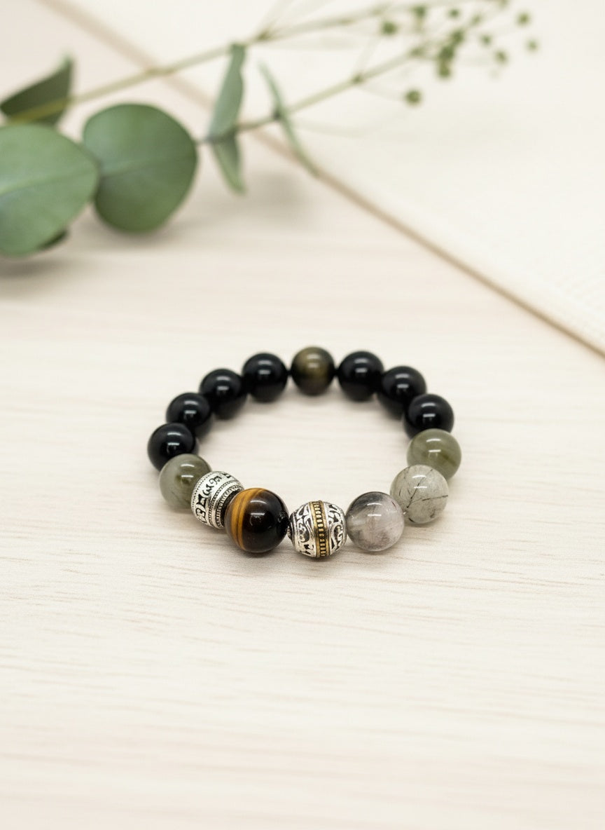 Natural Gold Sheen Obsidian Green Rutilated Tiger Eye Bracelet (12mm,14mm)