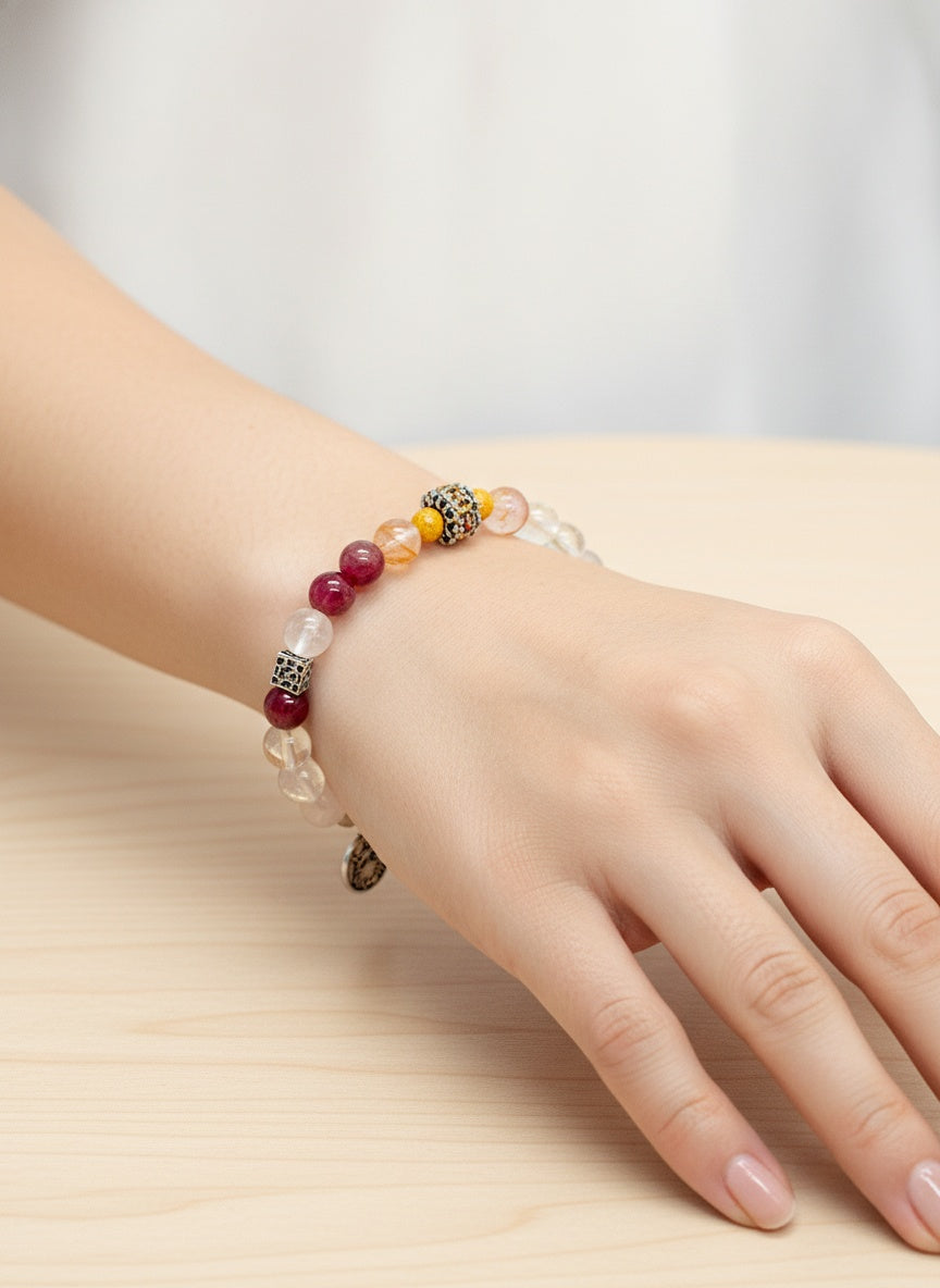 CANCER Natural Blossom Agate Red Strawberry Quartz Citrine Clear Crystal Bracelet (8mm-8.8mm)