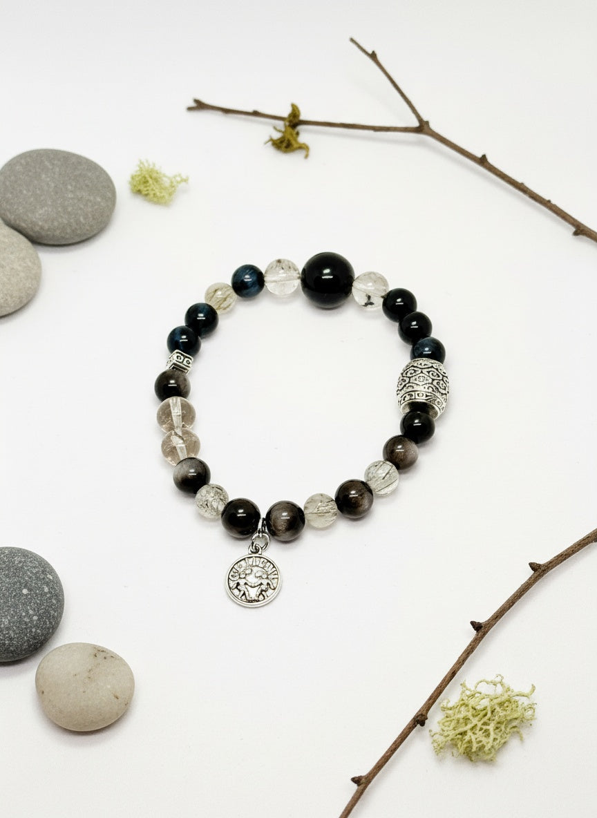 GEMINI Natural Gold Sheen Silver Obsidian Smoky Quartz Blue Tiger's eye (8mm,13.5mm)