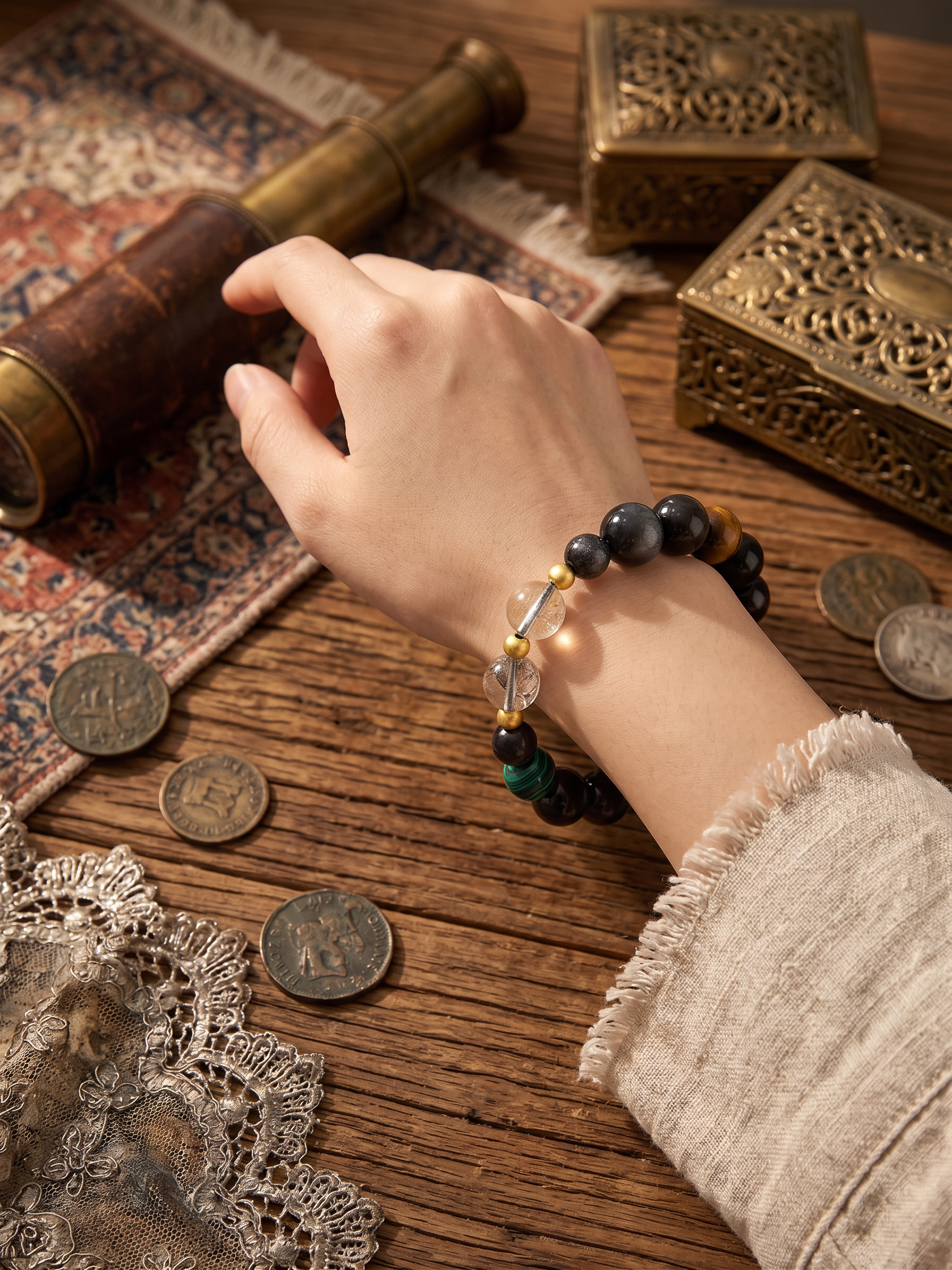 Natural Double-Eye Silver and Golden Sheen Obsidian Bracelet (10mm-14mm)