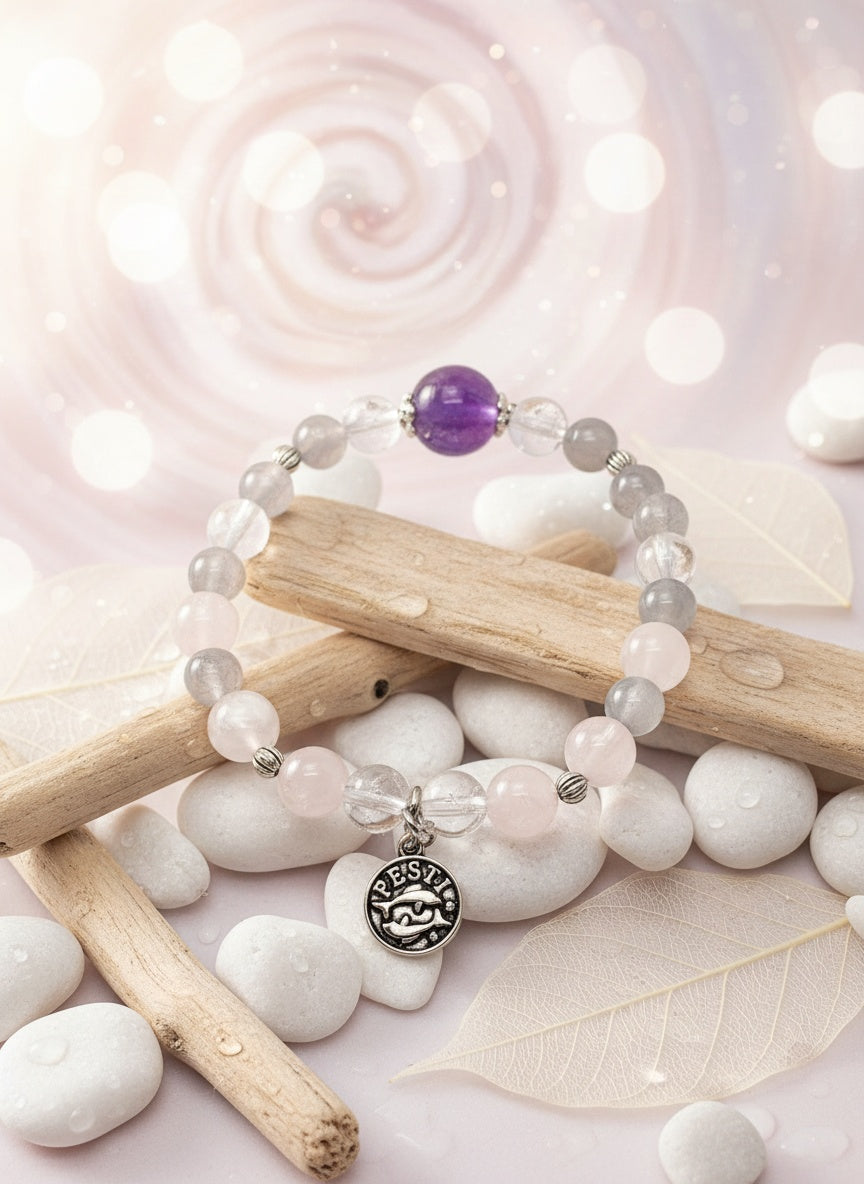 PISCES Natural Aquamarine Amethyst Snow White  Blue Rutilated Crystal bracelet( 7.8mm,9mm,12mm)