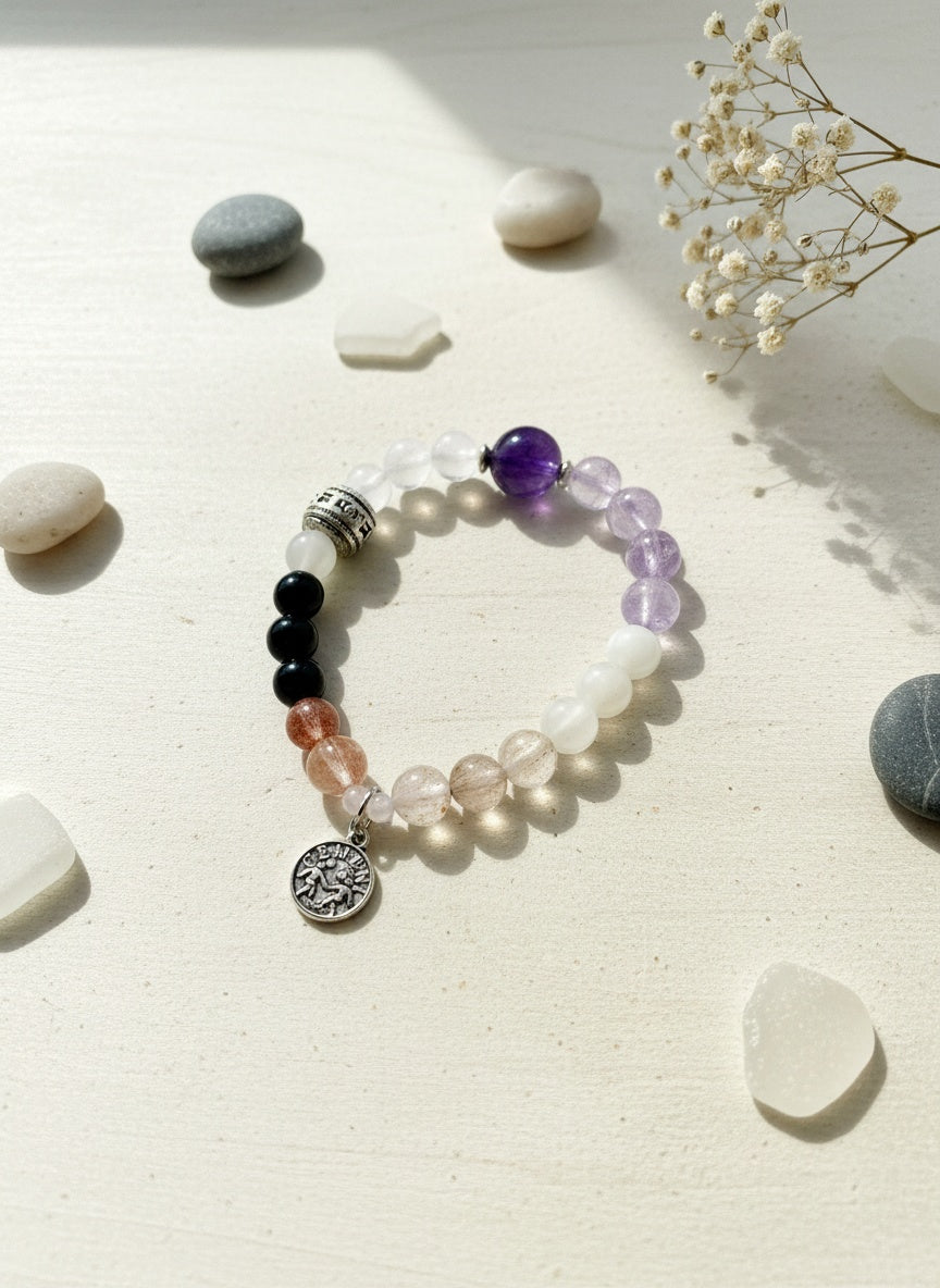 GEMINI Natural Amethyst Strawberry and Clear Crystal White Moonstone Red Rutilated (