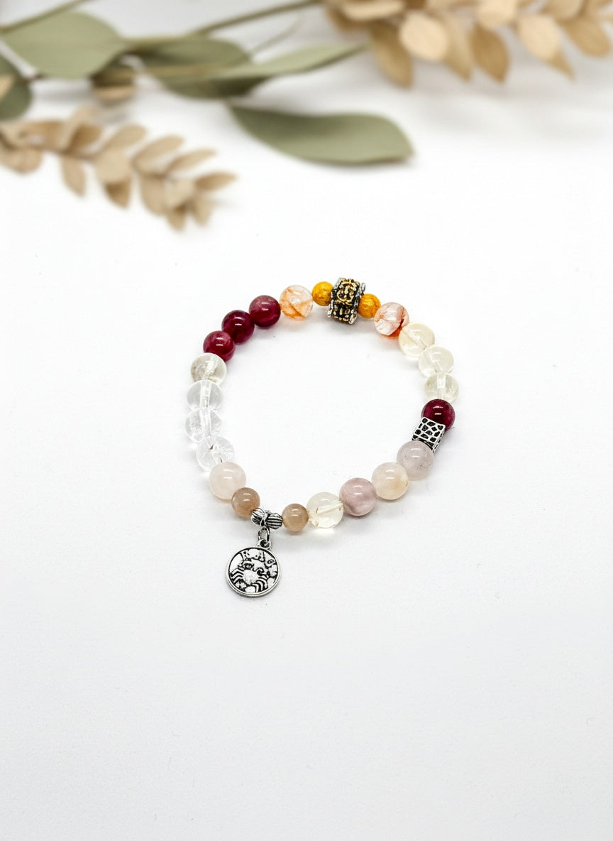 CANCER Natural Blossom Agate Red Strawberry Quartz Citrine Clear Crystal Bracelet (8mm-8.8mm)