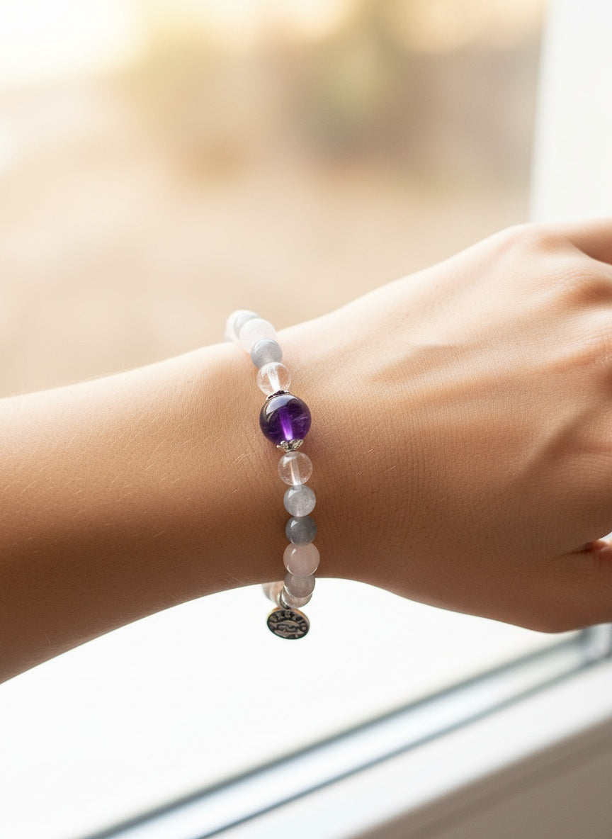 PISCES Natural Aquamarine Amethyst Snow White  Blue Rutilated Crystal bracelet( 7.8mm,9mm,12mm)