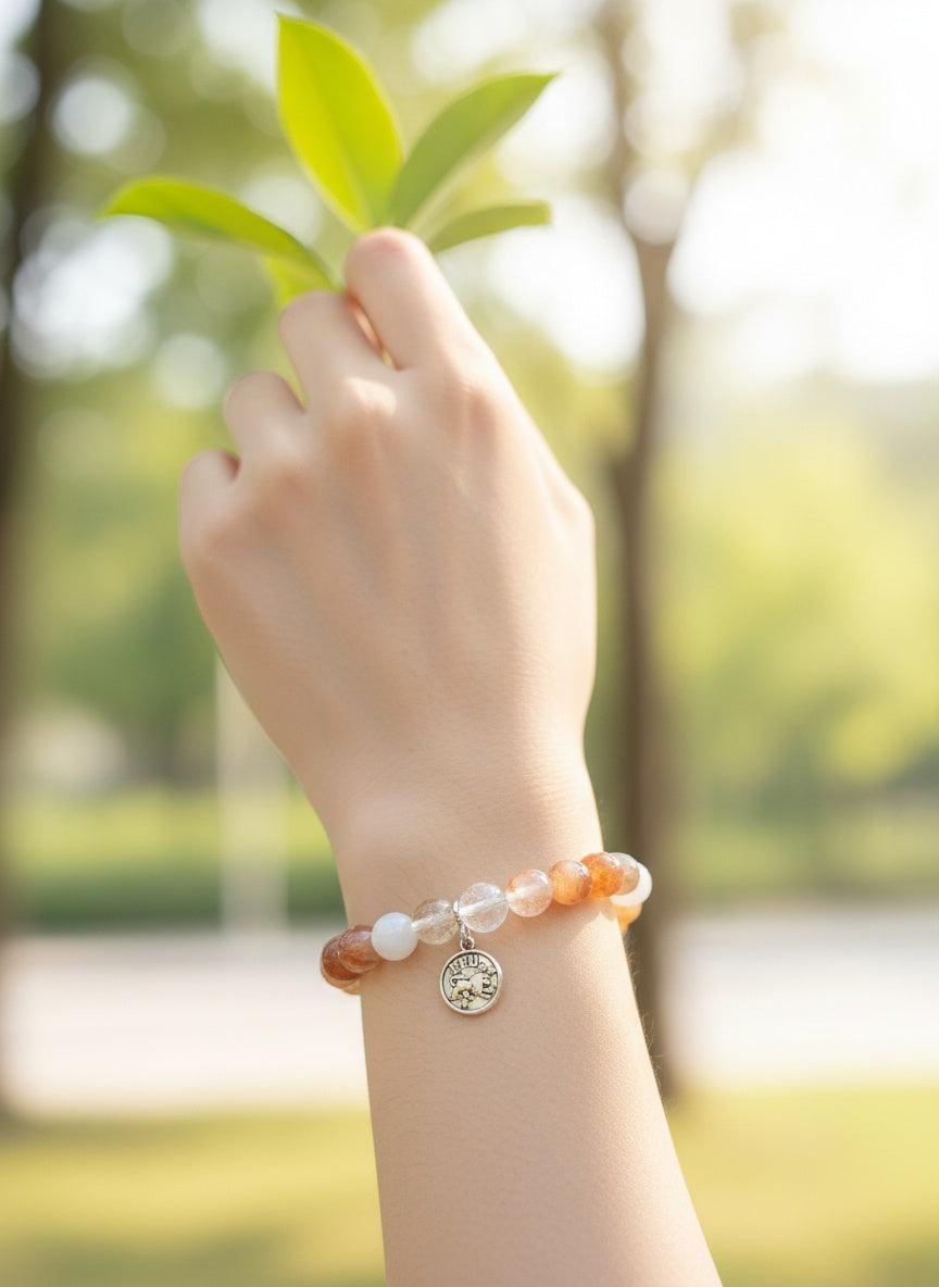 LEO Orange ,White ,Mocha Moonstone Citrine Red Hematoid Bracelet (13.5mm, 6mm-8mm)