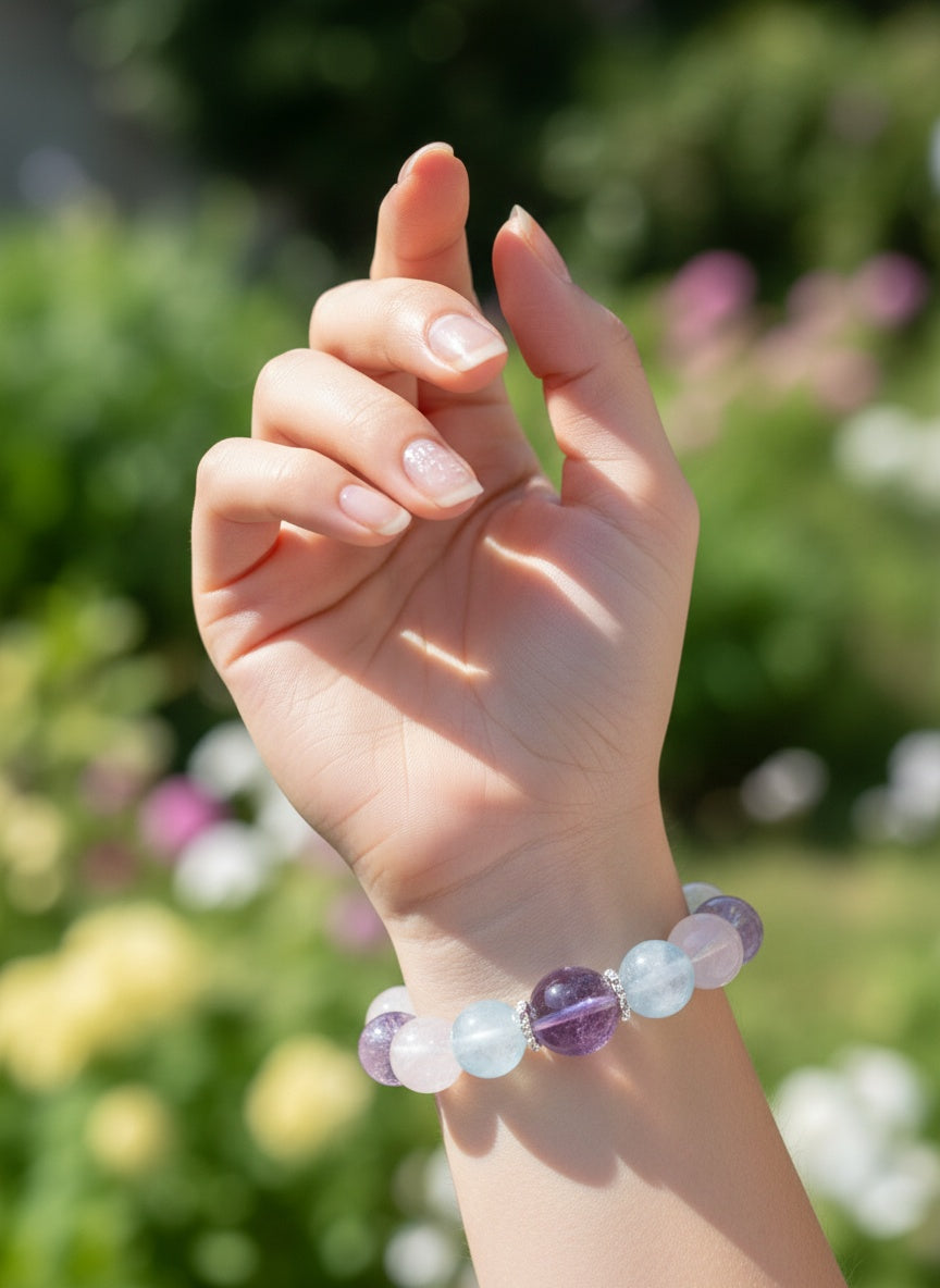 Natural Aquamarine Amethyst Rose and Clear Crystal Bracelet (14mm-18mm)