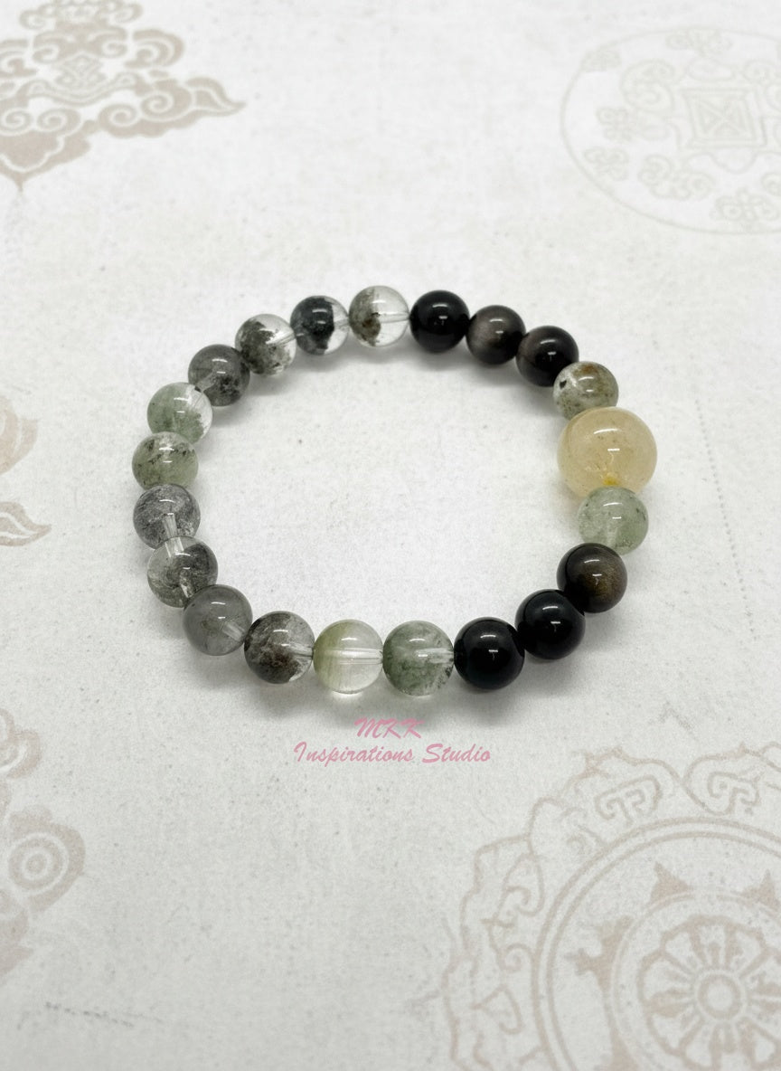 Natural Green Phantom Silver Sheen Obsidian Citrine Crystal Bracelet (8mm,12.5mm)