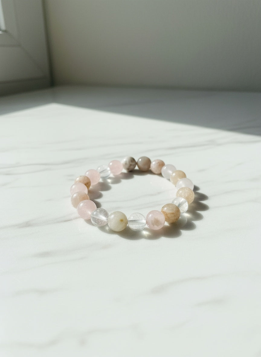 Natural Blossom Agate Rose Quartz Aquamarine Crystal Bracelet (9mm,10mm)