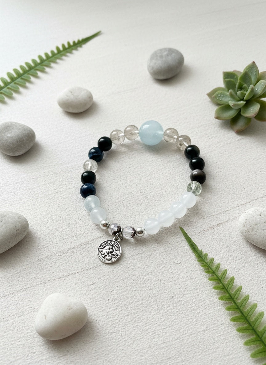 AQUARIUS Natural Aquamarine Smoky Quartz Silver Sheen Obsidian (6.8mm-8.8mm, 14.5mm)