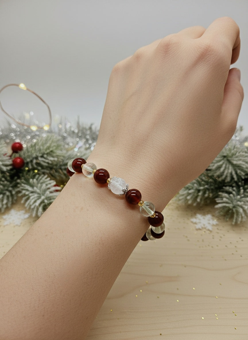 Natural Red Garnet Green Fluorite Clear Crystal Bracelet (8mm-8.8mm)