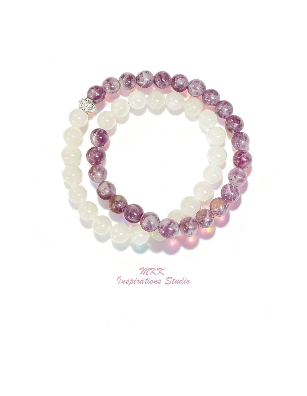 Natural White Moonstone & Amethyst Crystal Double-loop Bracelet (8mm)