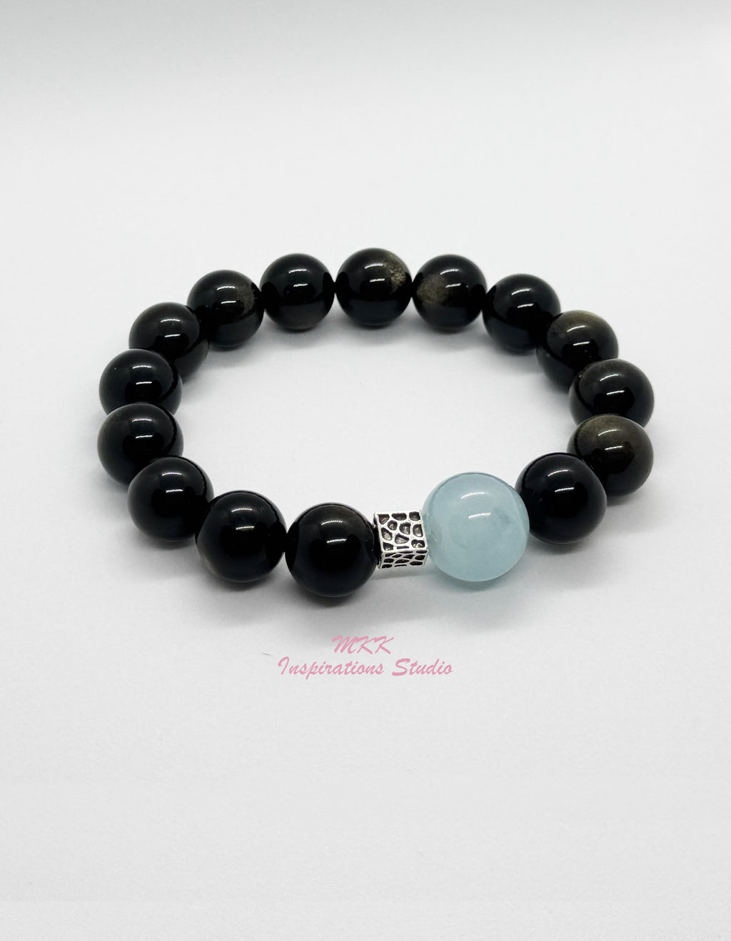 Natural Gold Sheen Obsidian Aquamarine Bracelet (12mm)