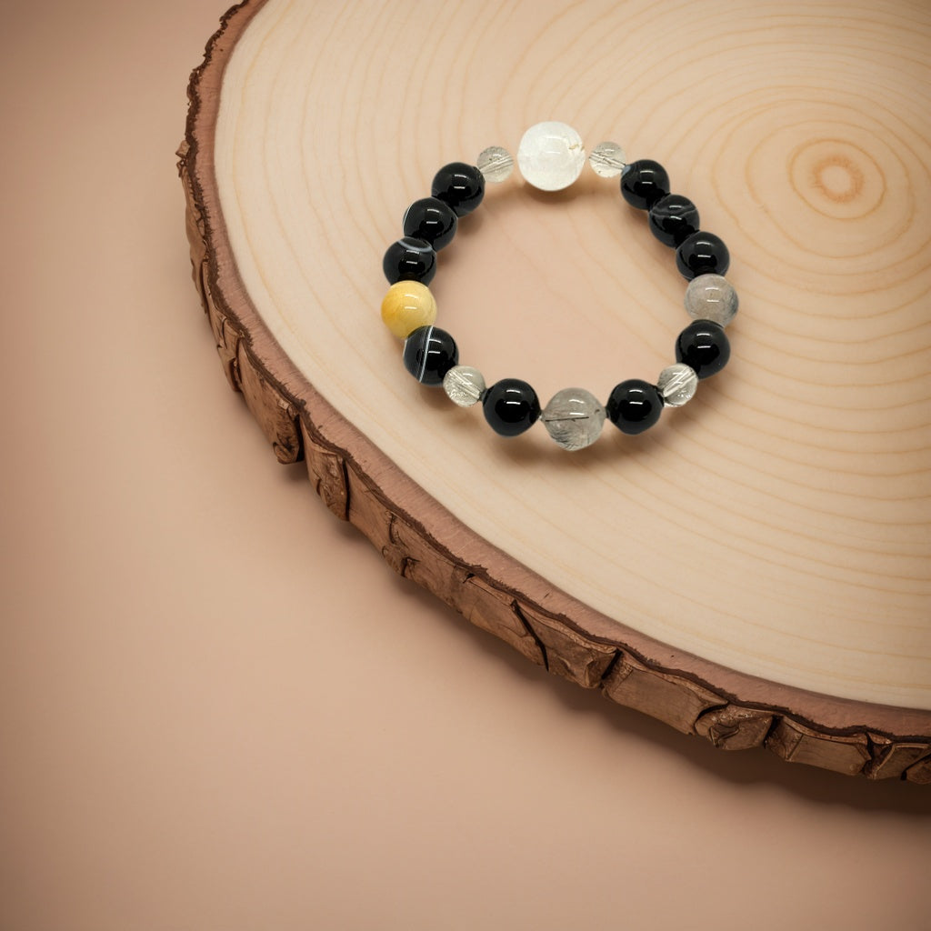 Natural Black Sardonyx Agate Rutilated Citrine Crystal Bracelet (12mm)