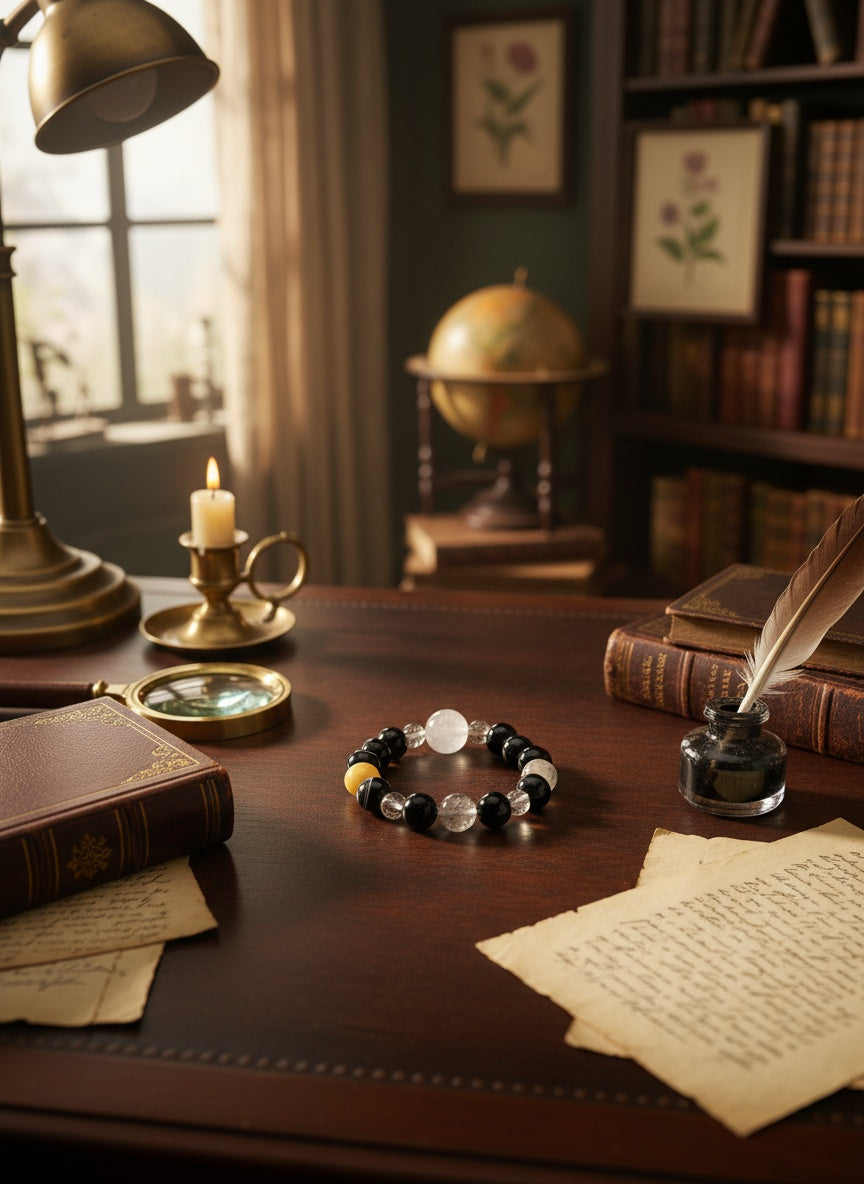 Natural Black Sardonyx Agate Rutilated Citrine Crystal Bracelet (12mm)