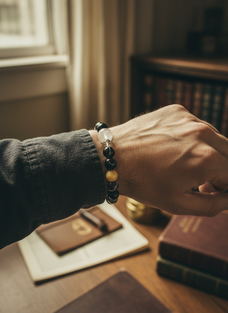 Natural Black Sardonyx Agate Rutilated Citrine Crystal Bracelet (12mm)