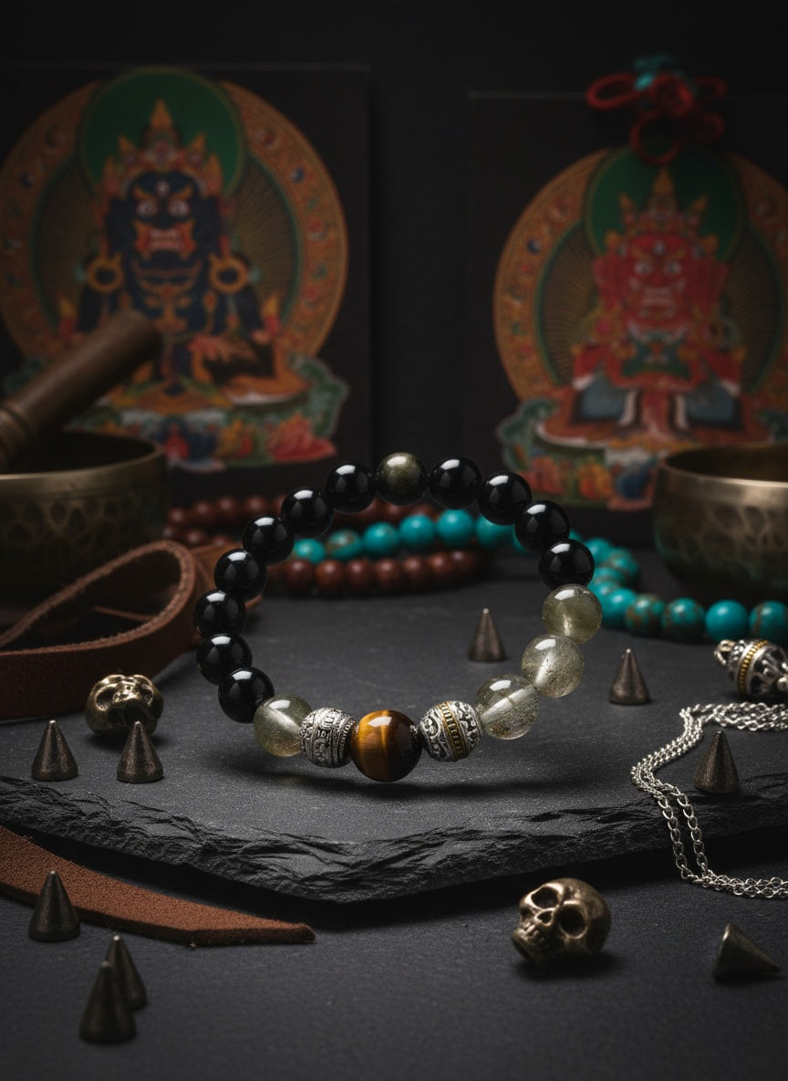 Natural Gold Sheen Obsidian Green Rutilated Tiger Eye Bracelet (12mm,14mm)