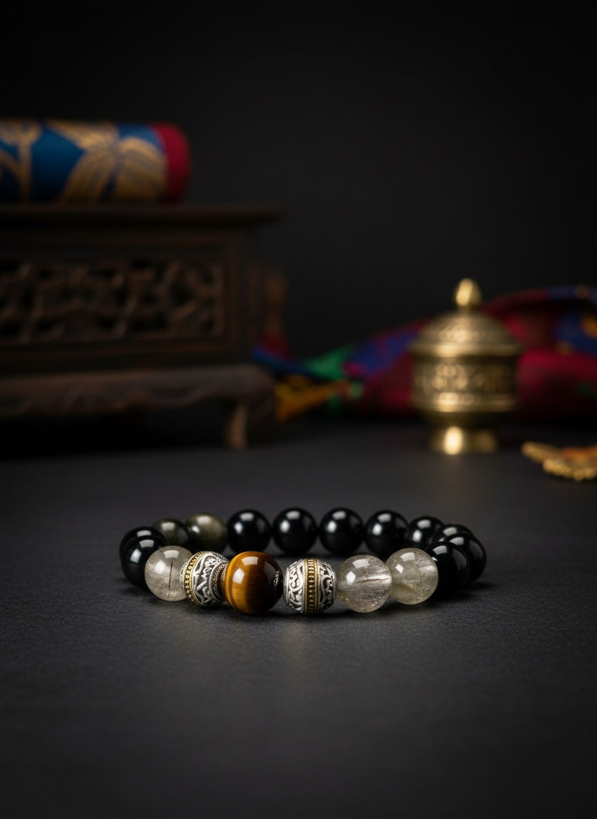 Natural Gold Sheen Obsidian Green Rutilated Tiger Eye Bracelet (12mm,14mm)