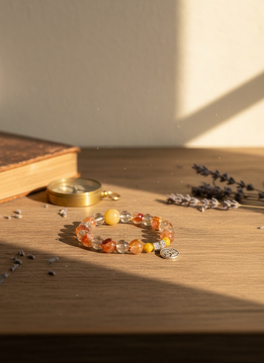 LIBRA Natural Smoky Quartz Red Hematoid Yellow Rutilated Crystal Bracelet ( 9mm,9.5mm,12mm)