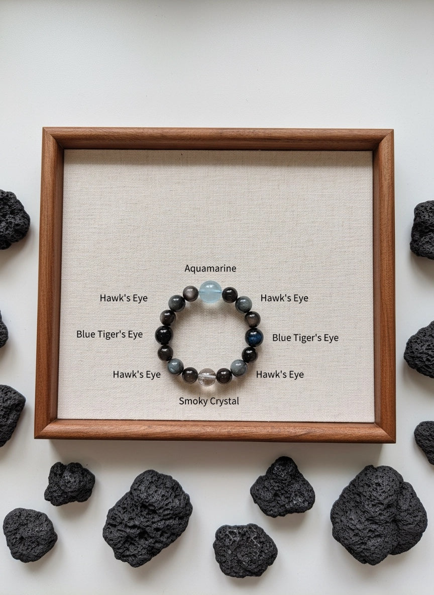 Natural Obsidian Aquamarine Bracelet (11mm-14.5mm)