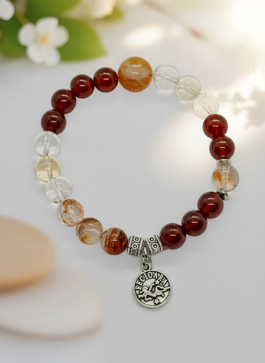 VIRGO Natural Red Garnet Citrine Red Hematoid Clear Crystal Bracelet (12mm,8mm-9mm)
