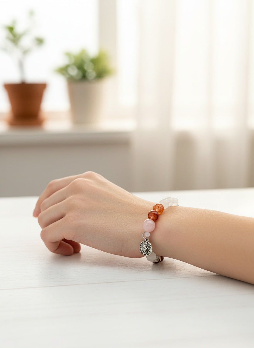 SAGITTARIUS Natural White Moonstone Aquamarine Rose Quartz Red Hematoid Bracelet (8mm-10mm)