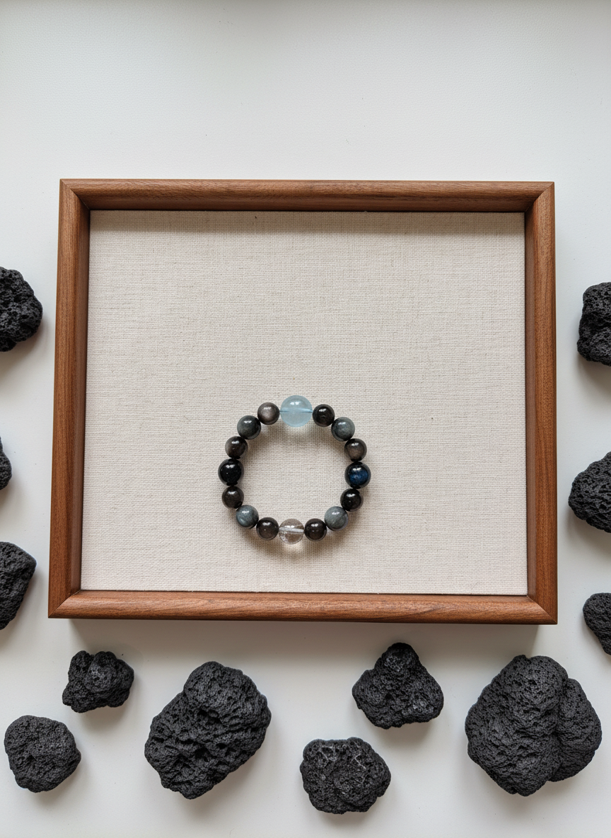 Natural Obsidian Aquamarine Bracelet (11mm-14.5mm)